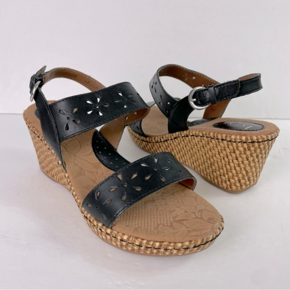 BOC Born Concept Black Leather Cutout Tan Woven Platform‎ Wedge Sandals